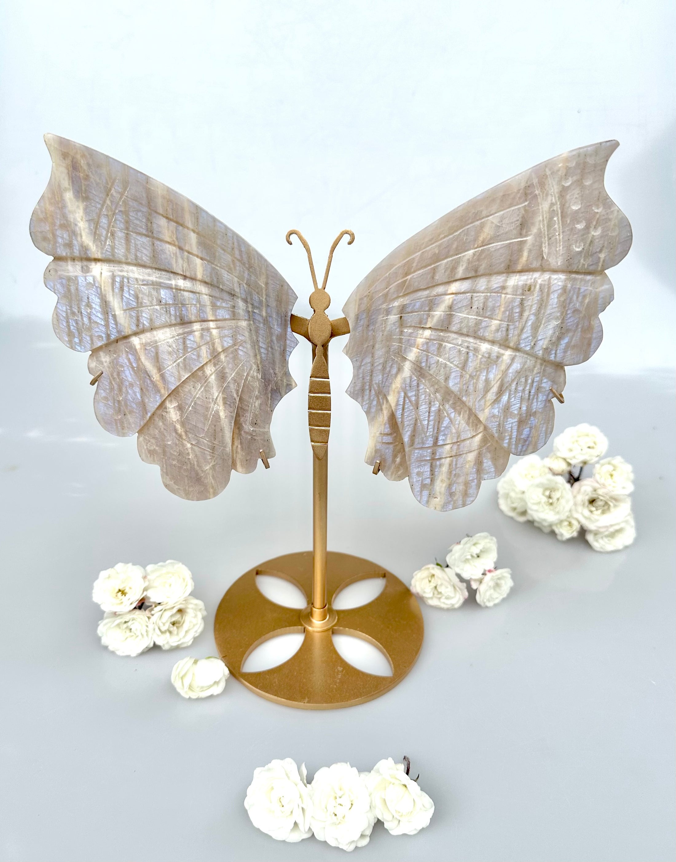 9.8" Tall-Full Flash Moonstone Butterfly Wings Carving On Stand
