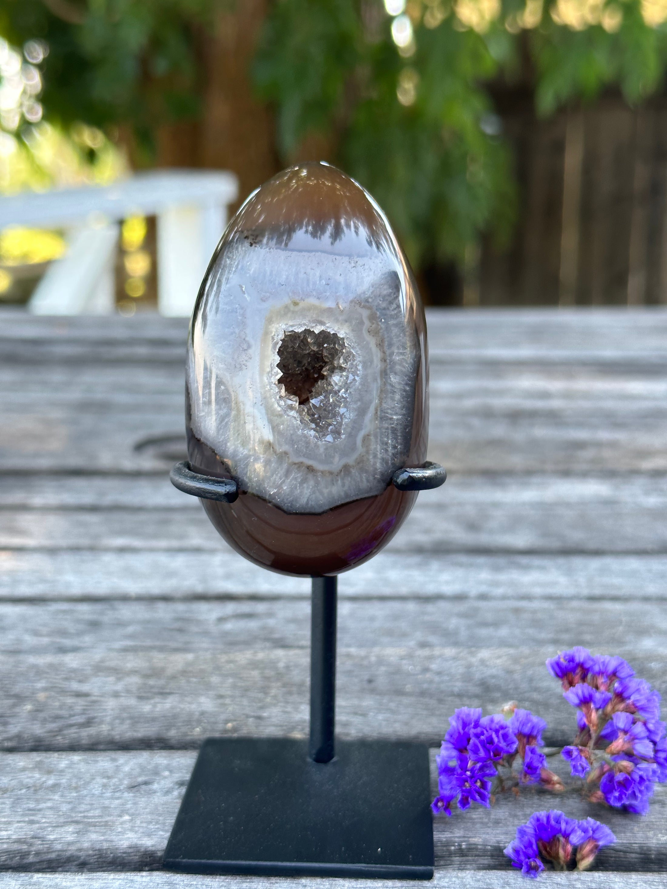 Chocolate Brown Agate Druzy  Egg-Shaped/Oval-Shaped Dragon Egg  Crystal Quartz On Stand  Energy Healing Stone