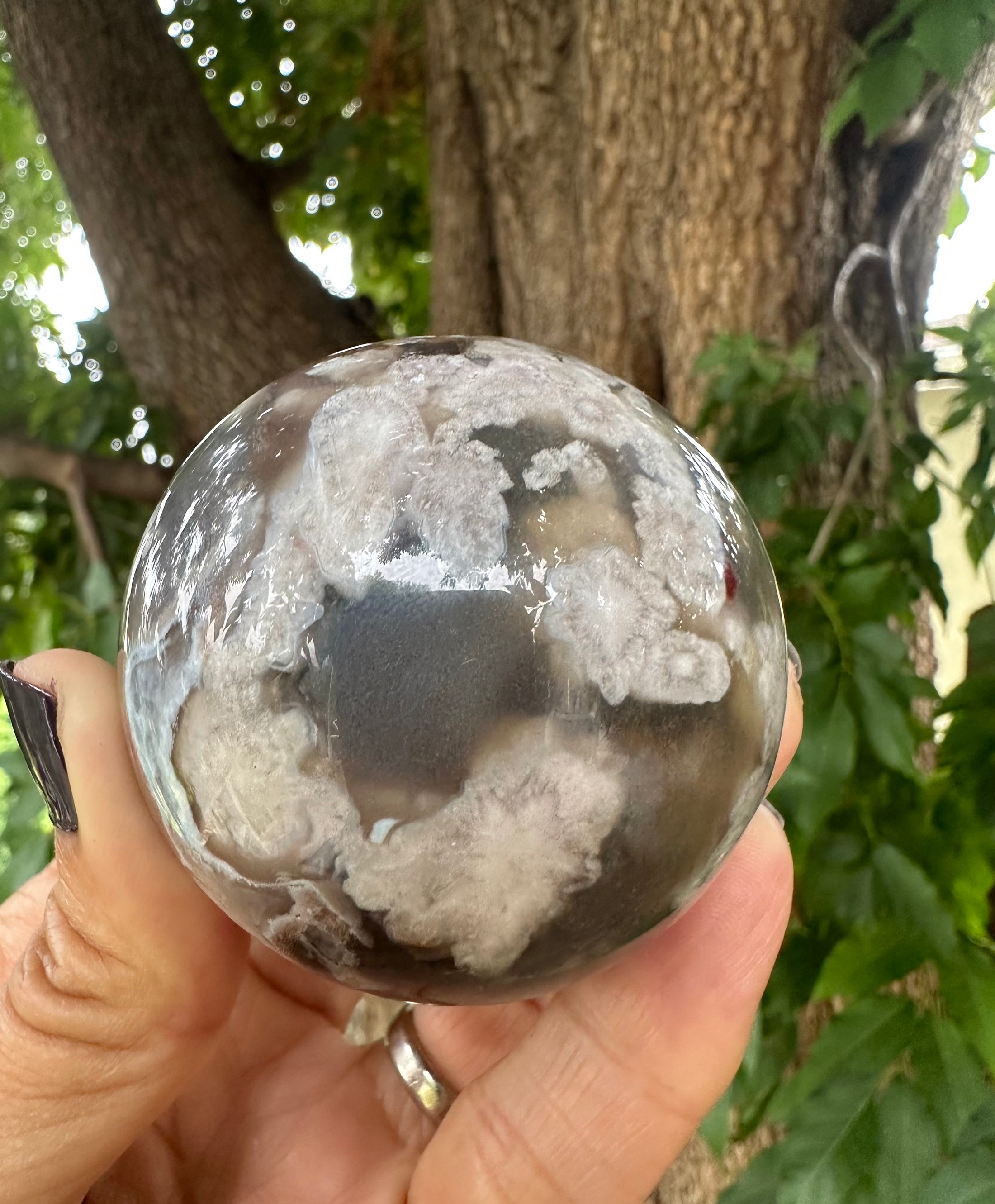 Beautiful Flower Agate Sphere with Druzy Pocket