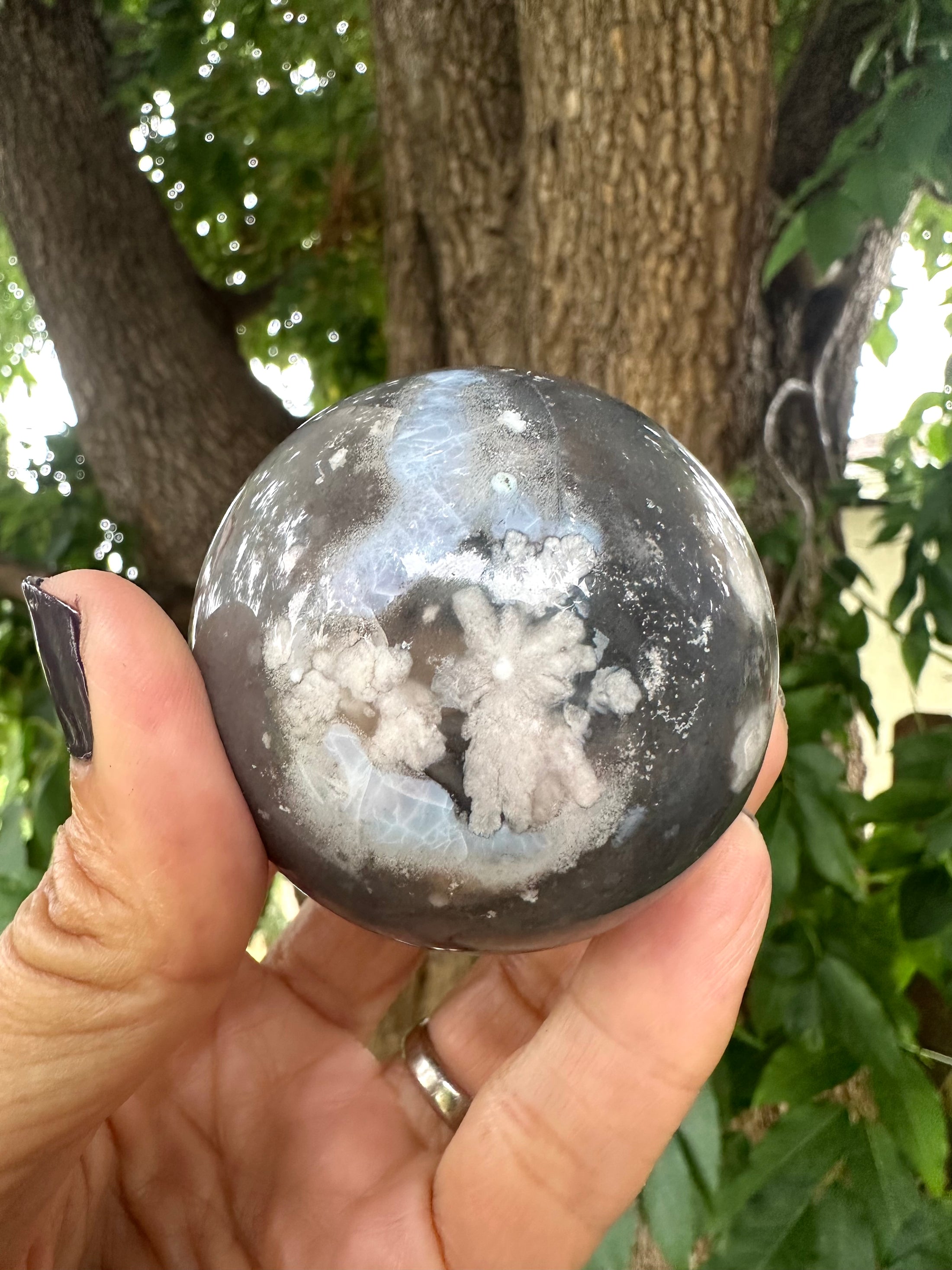 Beautiful Flower Agate Sphere with Druzy Pocket