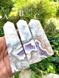 Load image into Gallery viewer, Amazing White Plum Agate Towers with Amethyst Druzy Pockets
