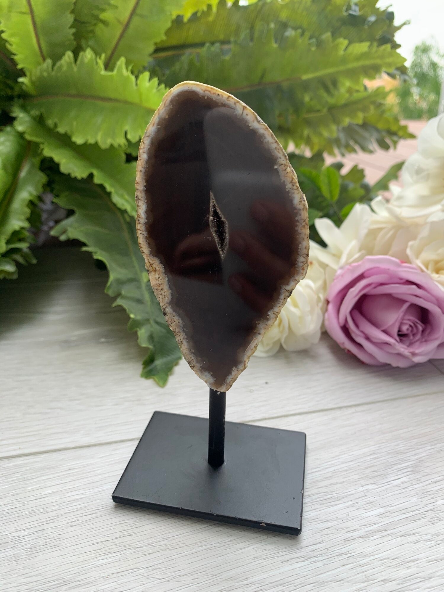 Beautiful Neutral Brown/Tan Polished Geode Crystal On Stand