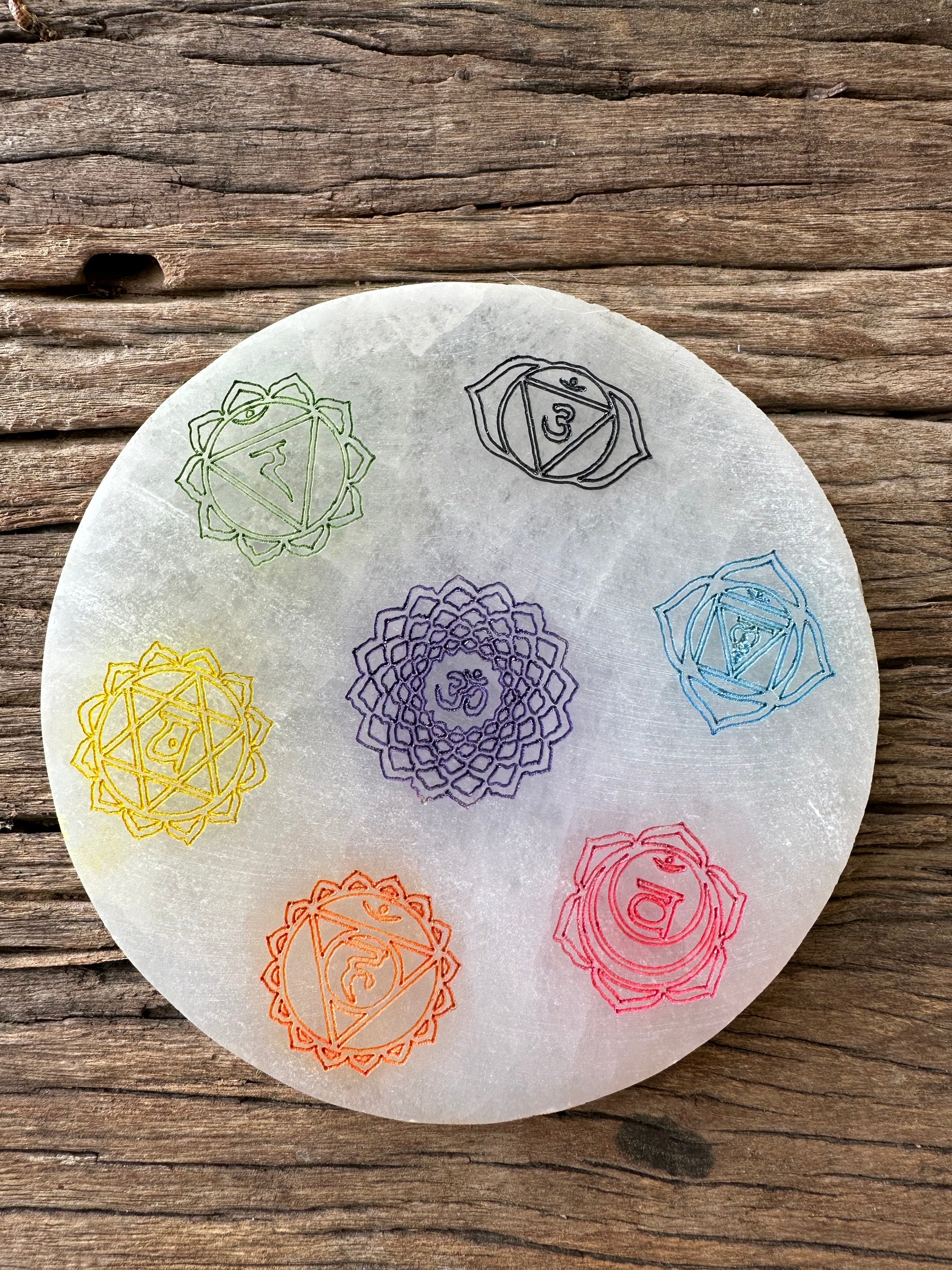 7 Chakra Etched Selenite Charging Plate