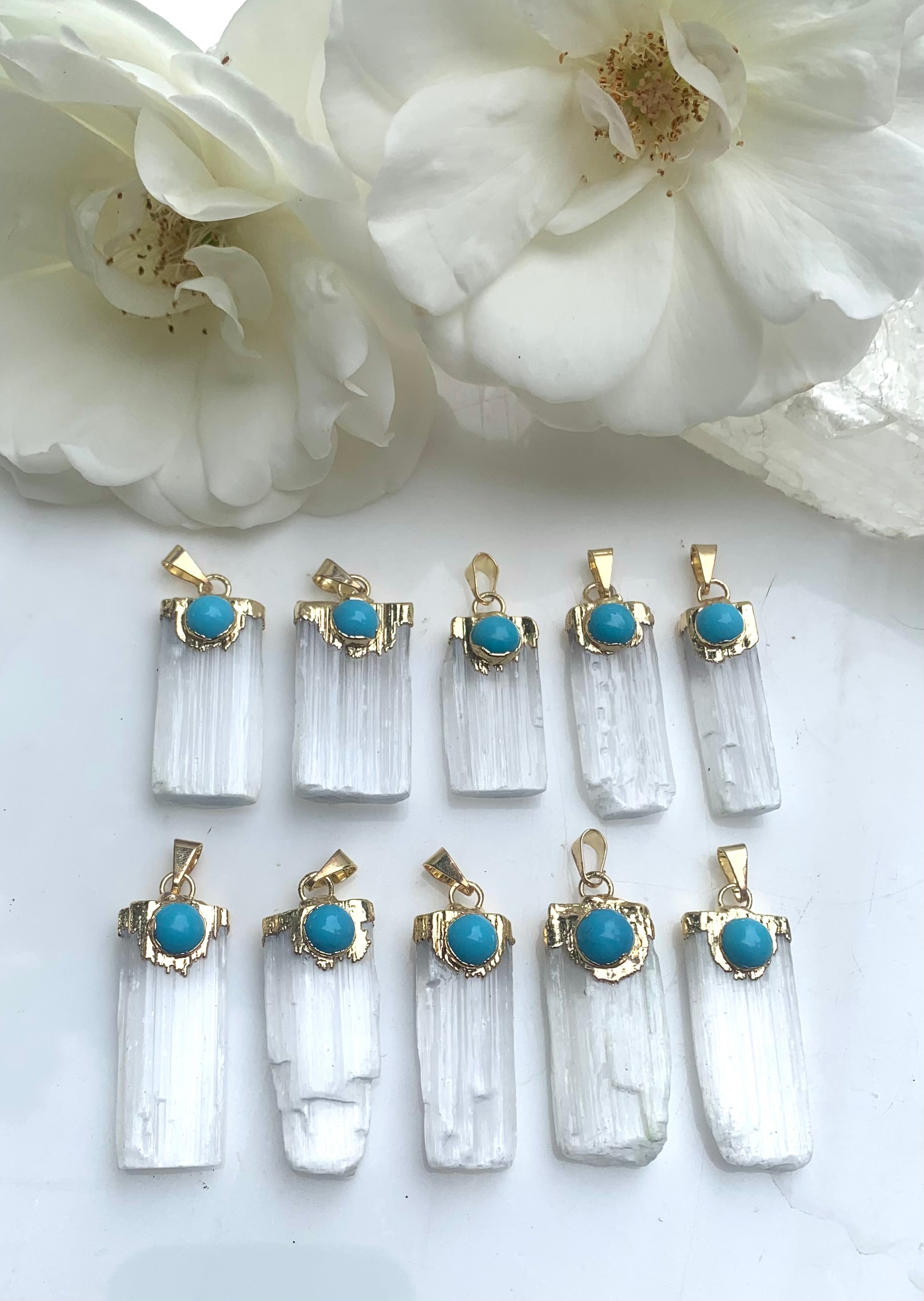 Selenite Turquoise Gold Dipped Pendants